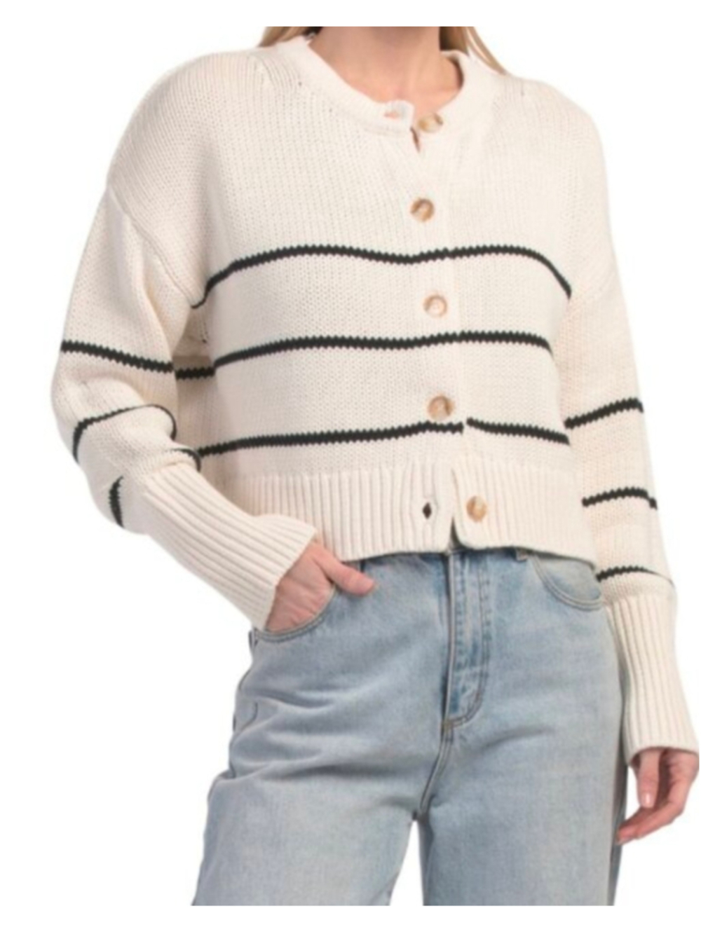 Magaschoni Cropped Striped Cardigan Sweater Cream Navy Knit Size M